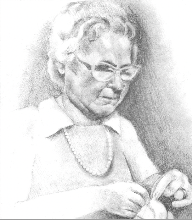 Black and white pencil drawing of elderly white woman in glasses stitching together a basebal