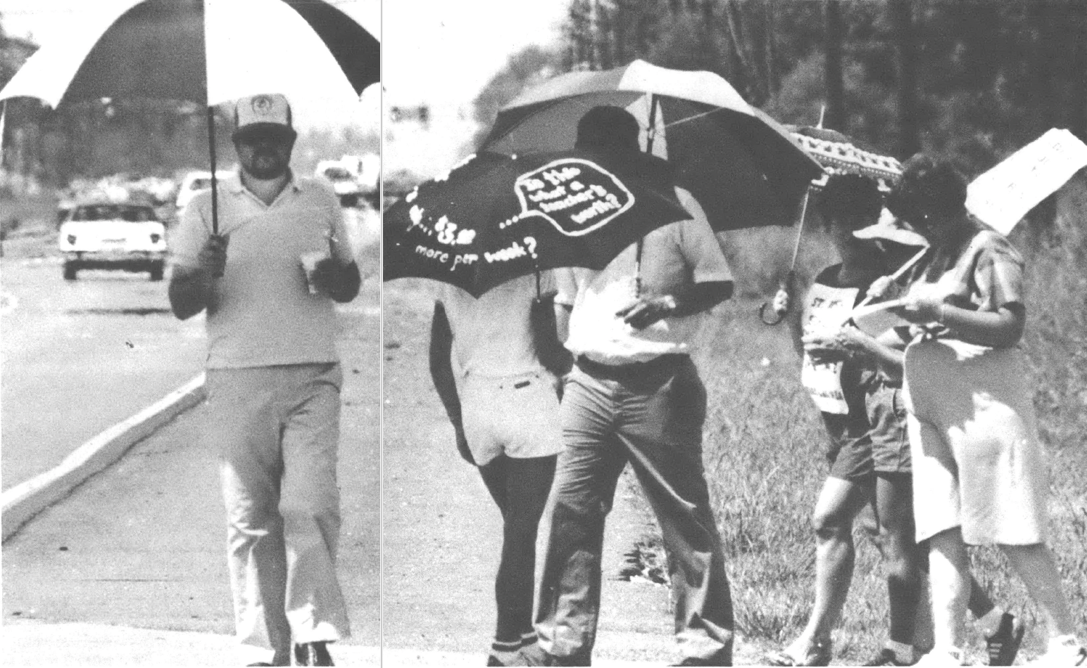 Photo of several people picketing on the side of the road with umbrellas for the sun