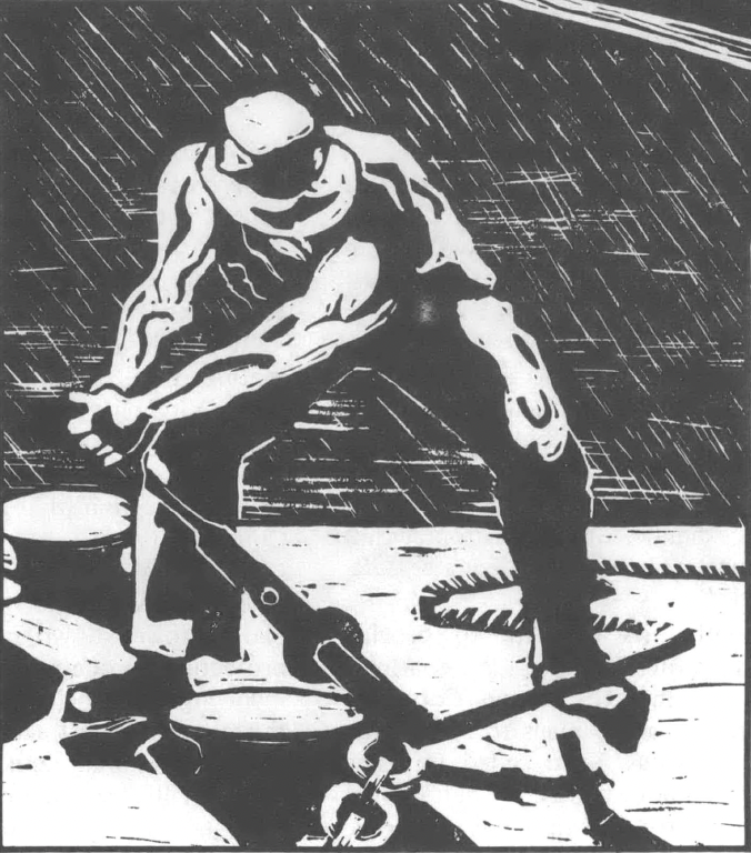 Black and white print of a muscular man in work clothes and a hat, bent over and cutting a chain