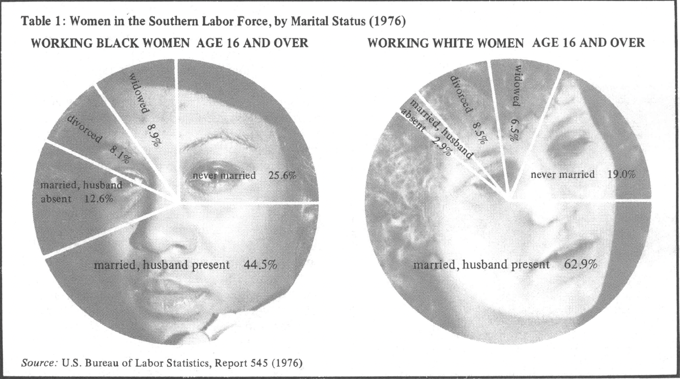 Pie charts showing women in the Southern labor force by race (Black and white) and marital status