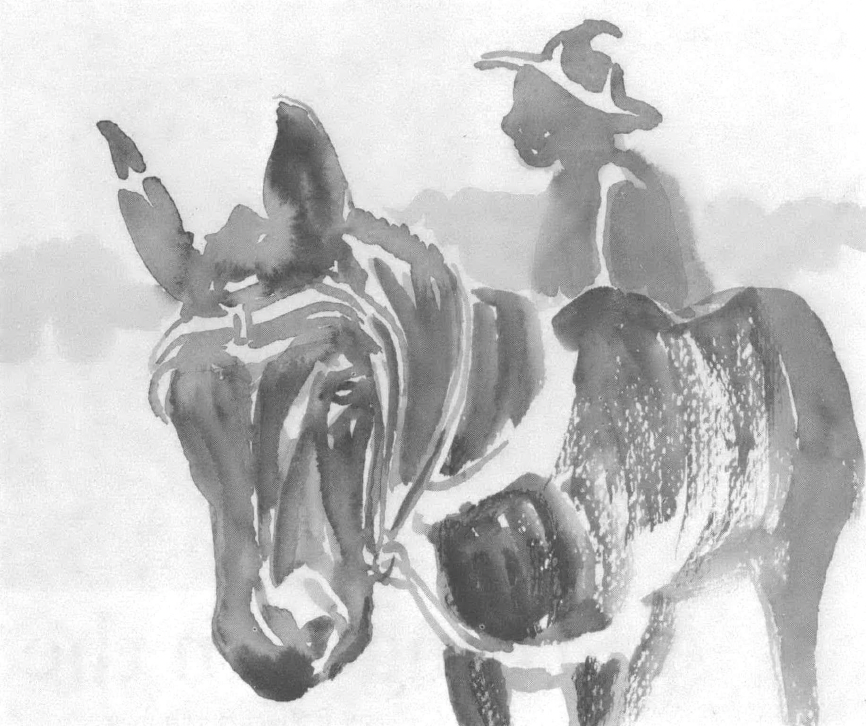 Black and white watercolor drawing of person in farmer's hat on horse