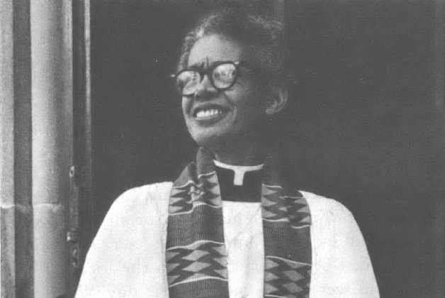 Black and white photo of Black person, Pauli Murray, in minister's robes and stoles, looking up and away from camera and smiling