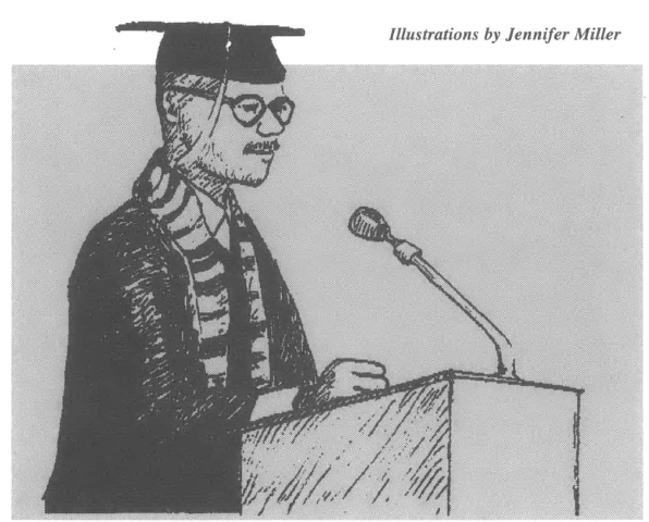 Sketch of young Black man in glasses and graduation robes and hat giving a speech at a lectern
