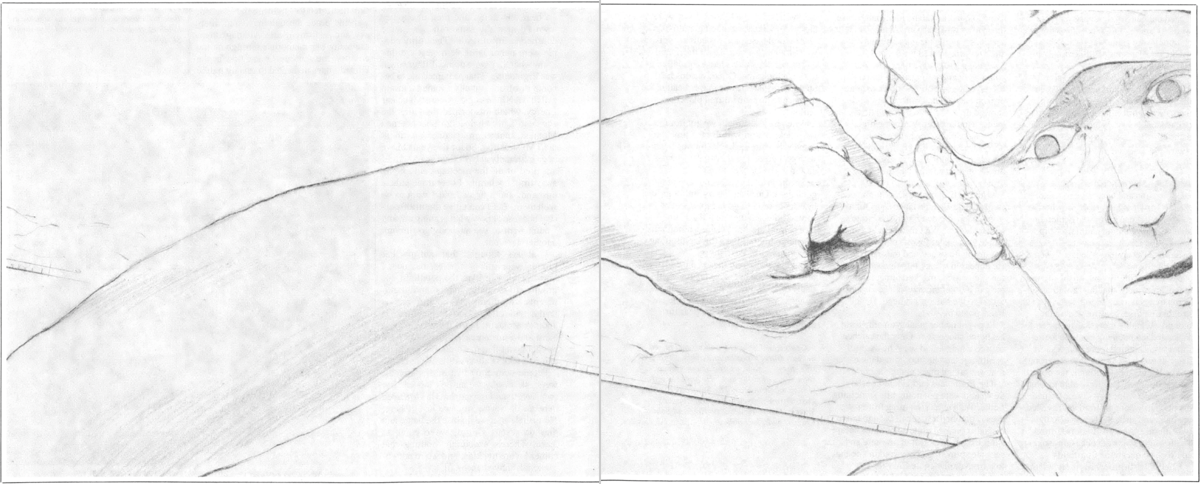Black and white sketch illustration of a closed fist about to hit a man in a baseball hat.