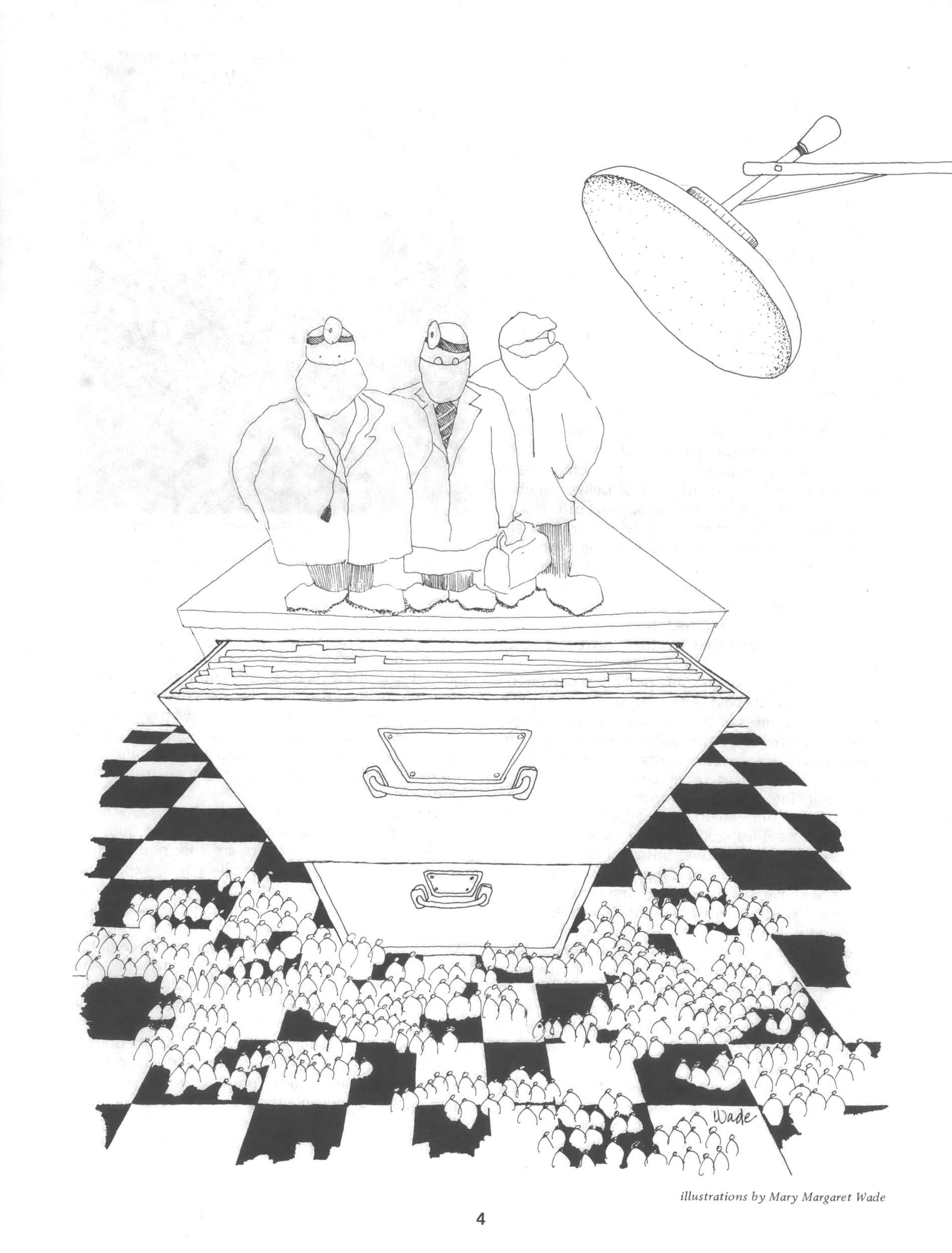Black and white drawing of three doctors standing on a filing cabinet