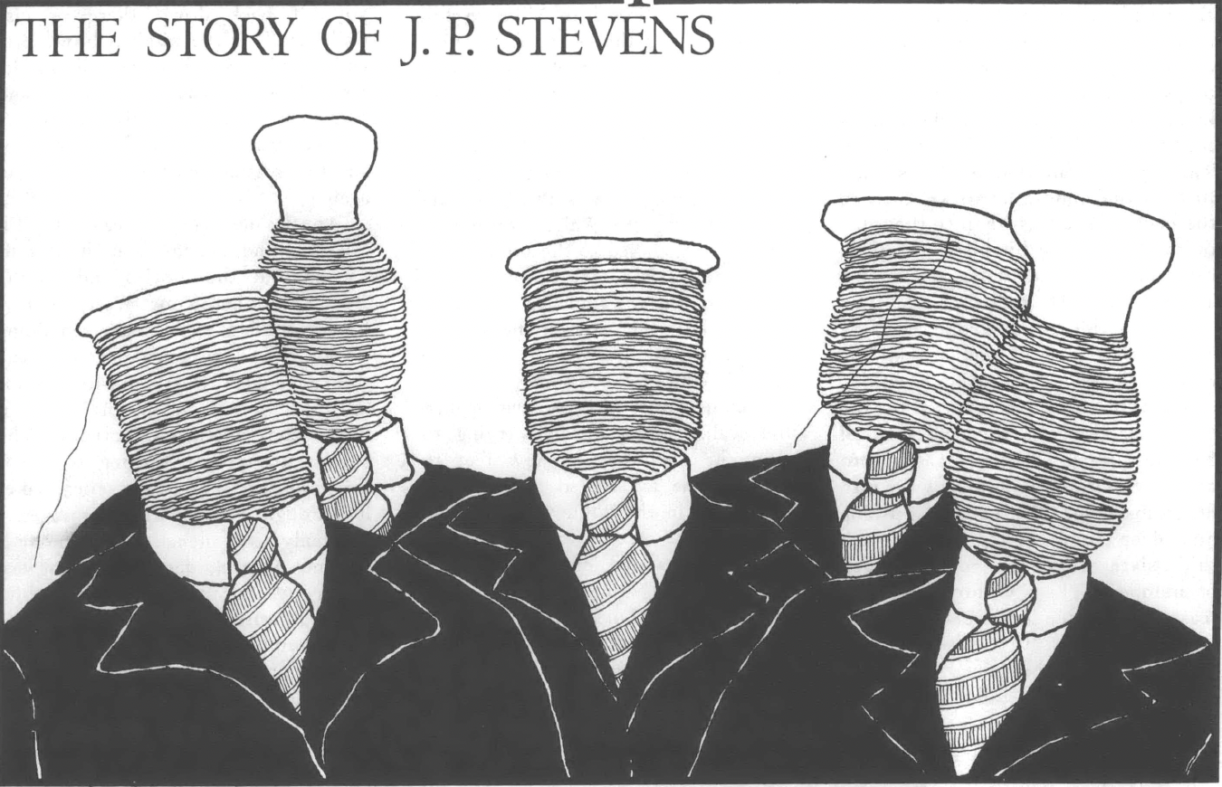 Drawing of five men in dark suits and striped ties, with threaded spools for heads