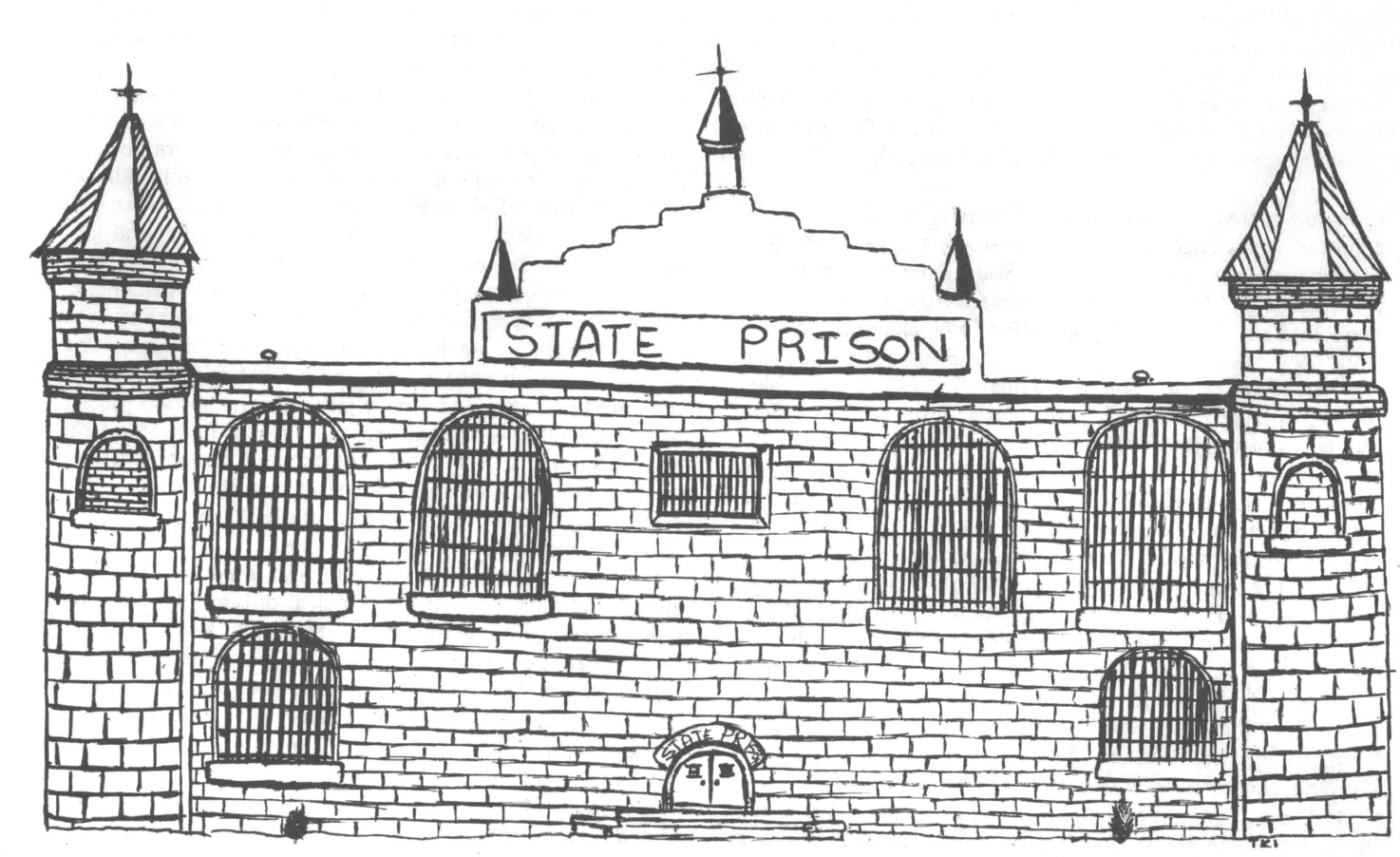 Black and white ink drawing of brick building with turrets labeled "state prison"