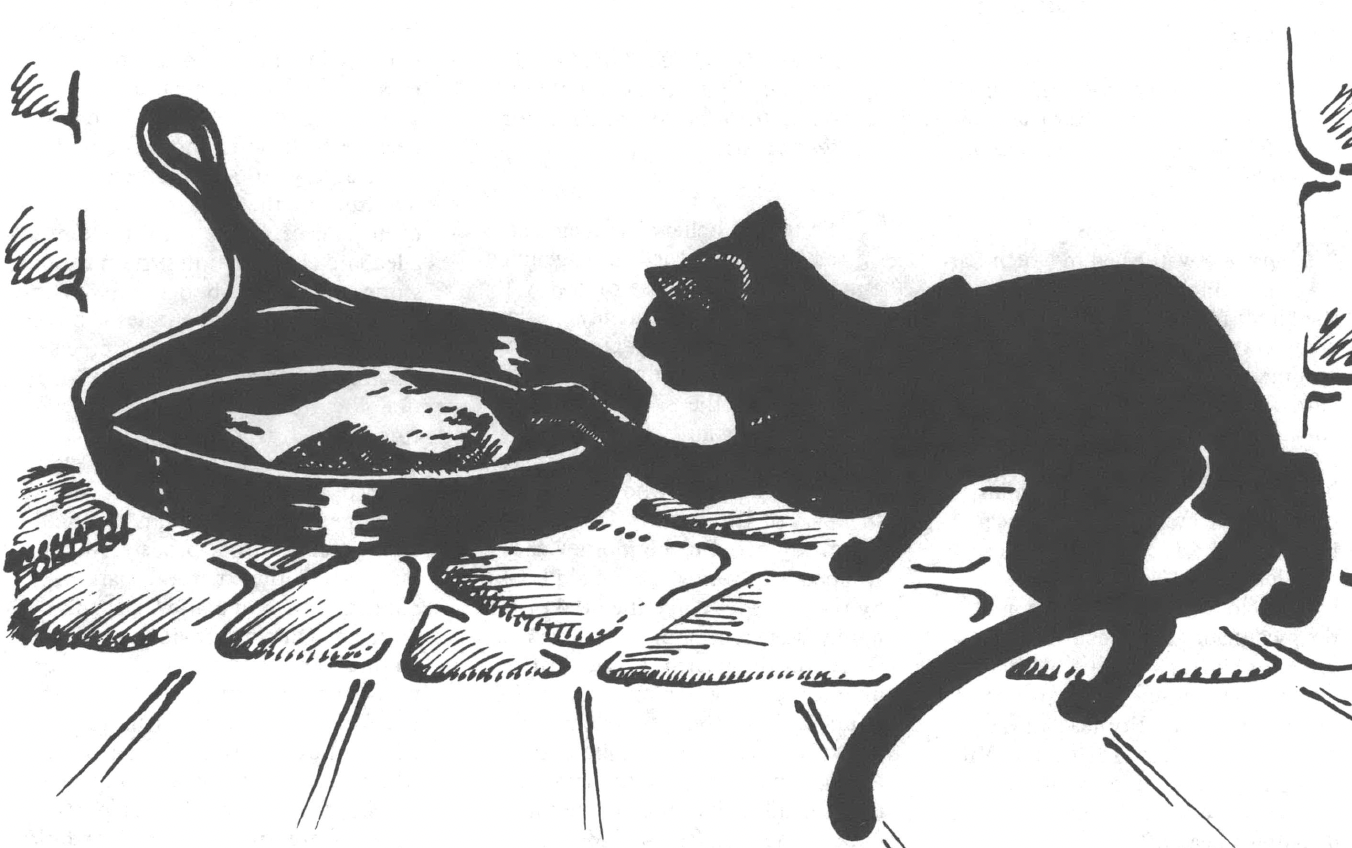 Black and white drawing of cat with paw on cast iron skillet