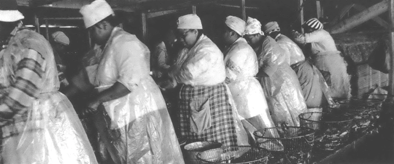 Black and white photo of women in skirts and aprons working on a line