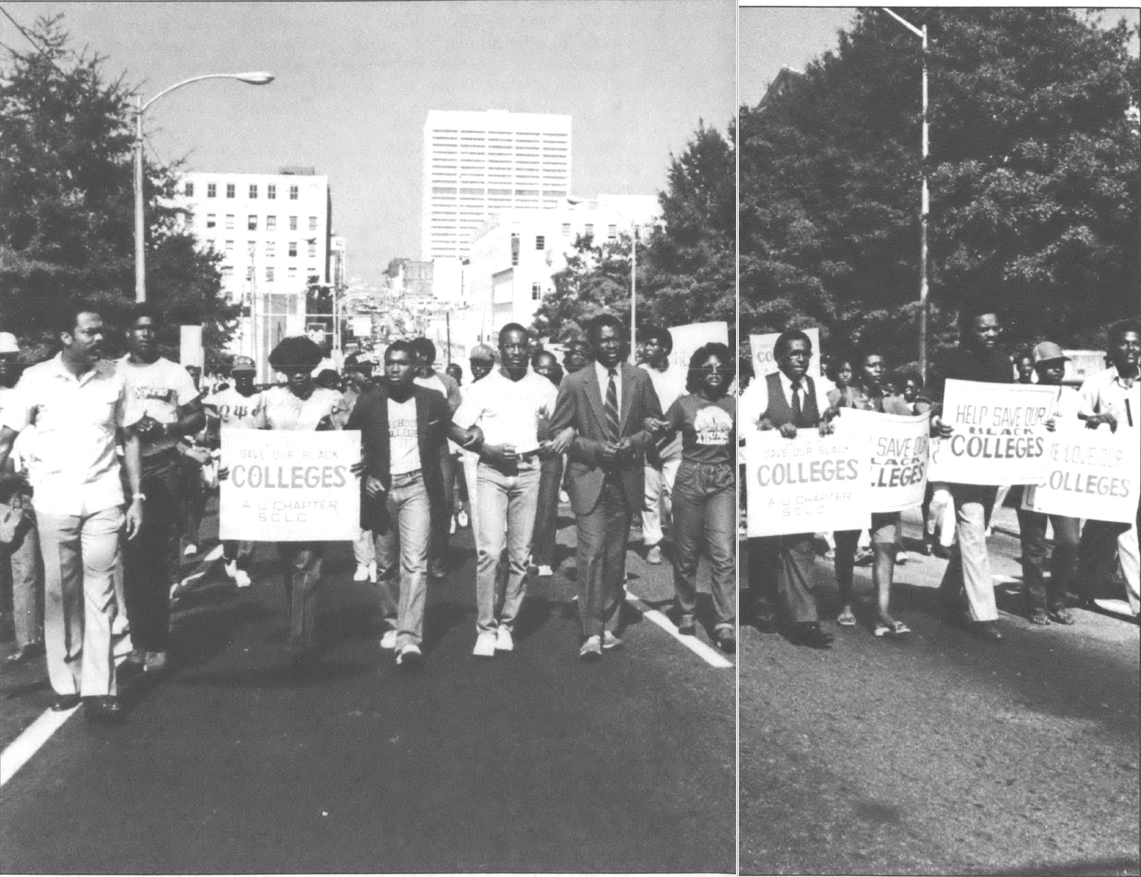 Black and White photo of Black college students marching with a sign reading, "Save our Black Colleges"