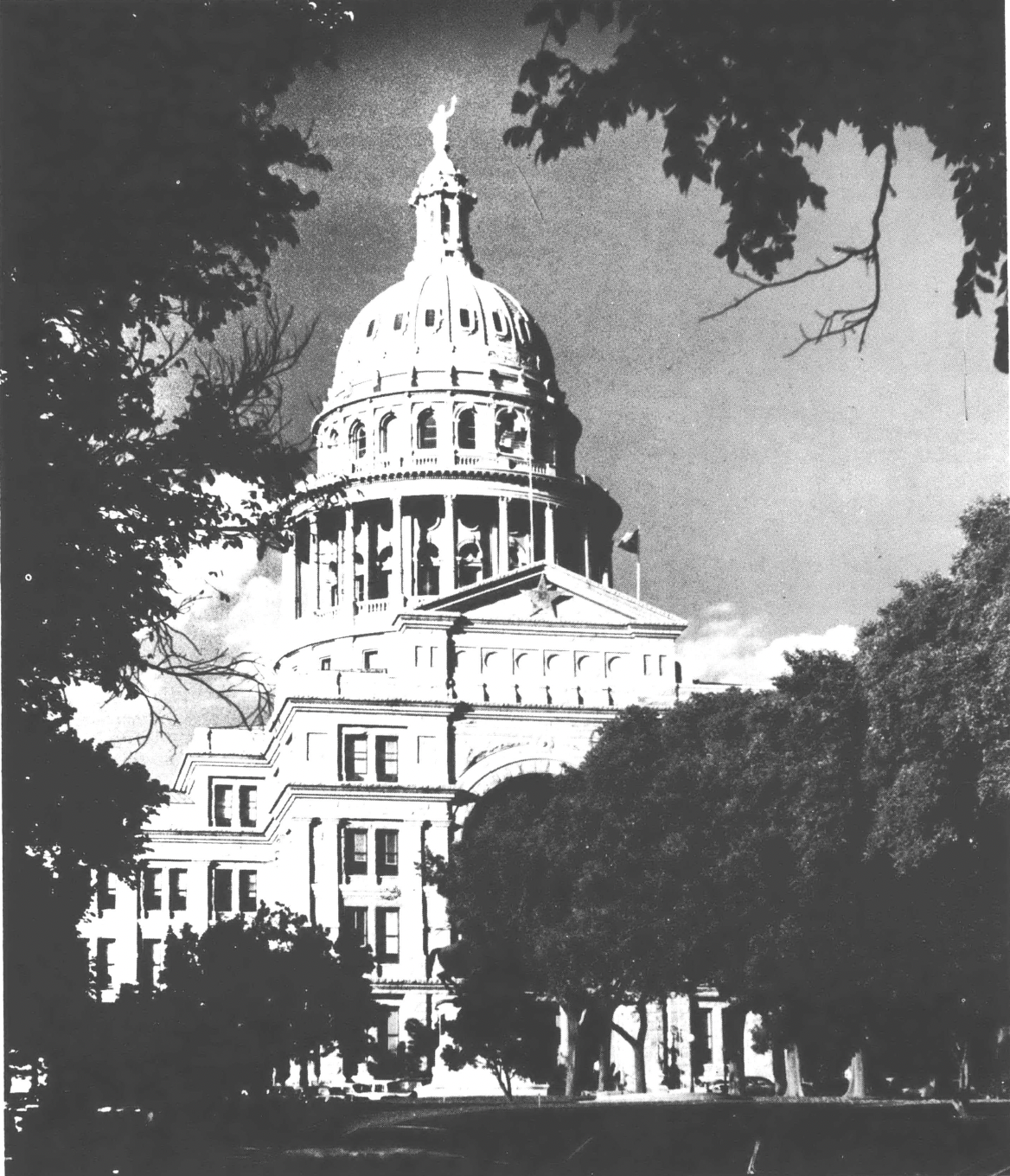 Black and white photo of the Texas State Capitol seen through trees.