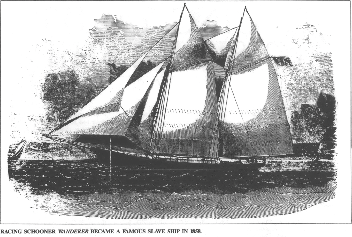 Illustration of the Wanderer, a racing schooner turned slave ship, in 1984