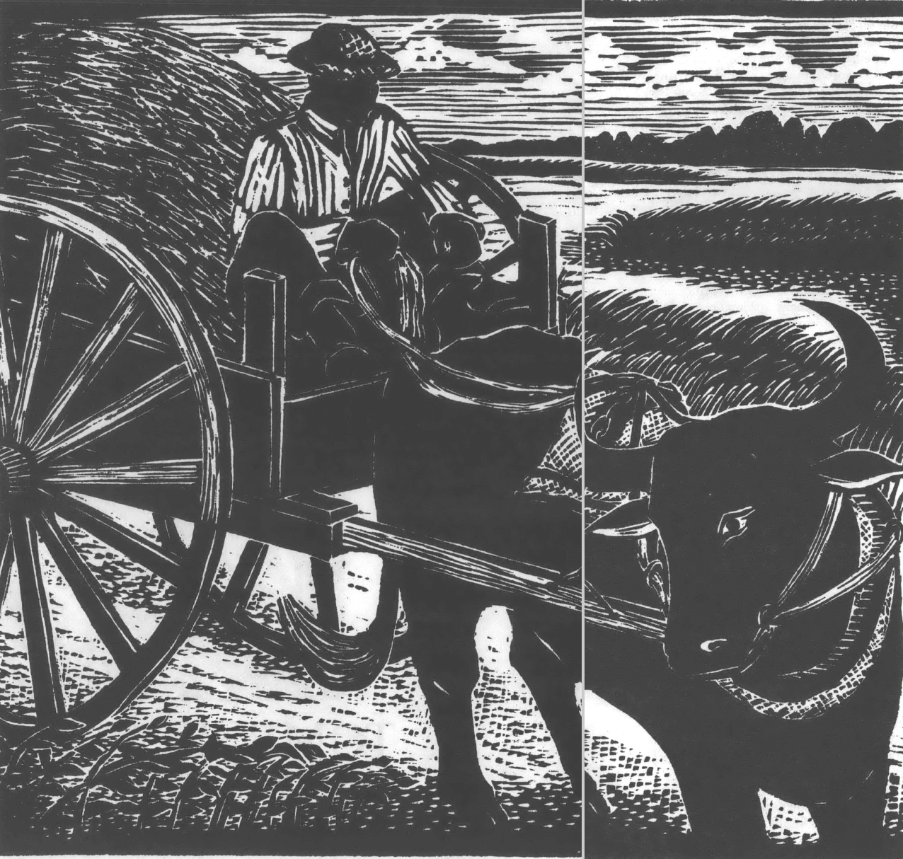 woodcut of man driving ox cart 