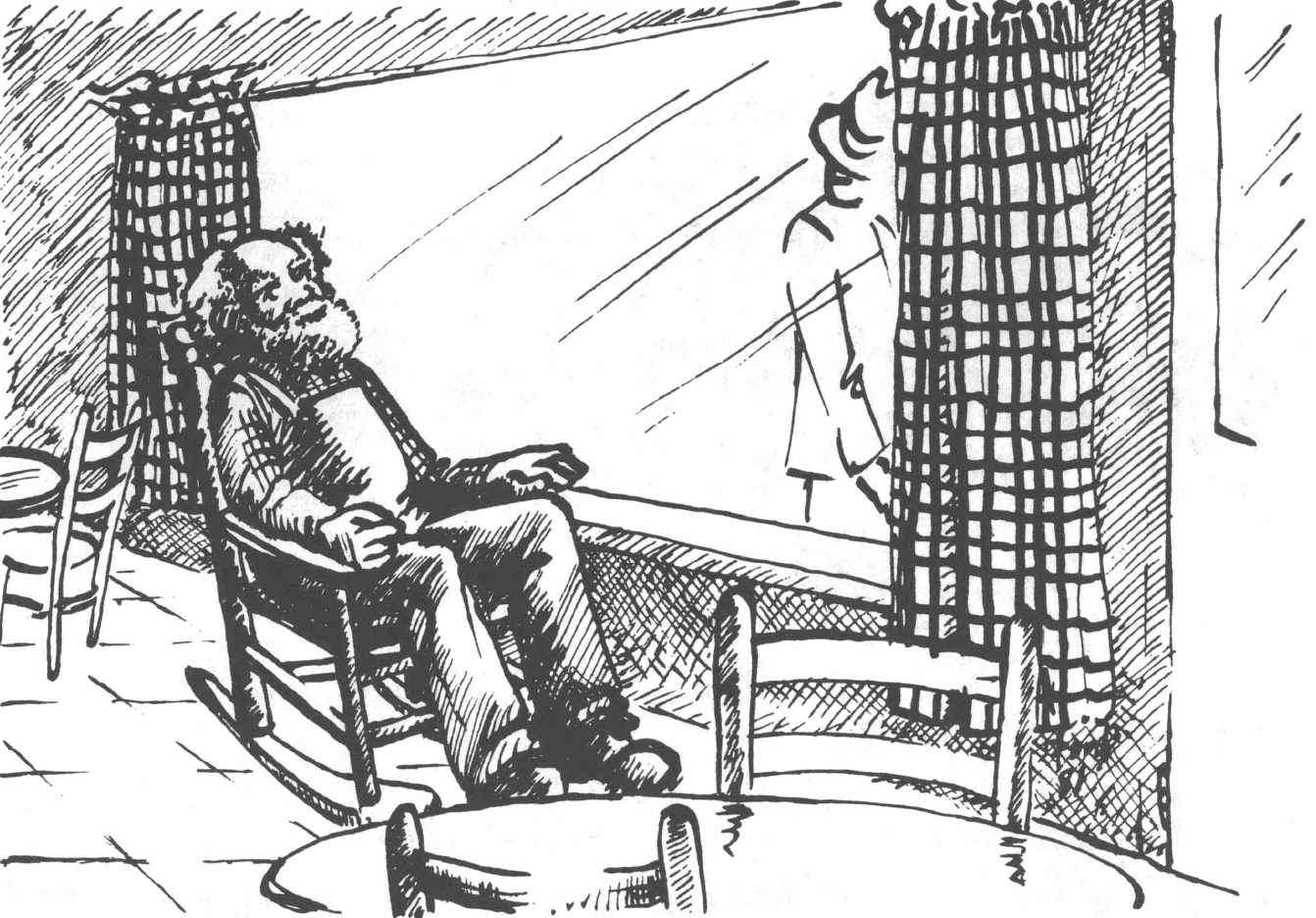 Black and white drawing of bearded elderly Black man sitting in a rocking chair by the window