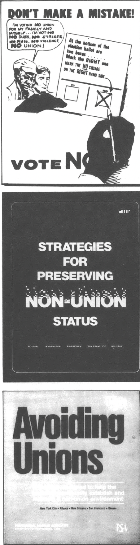 Black and white collage of anti-union propaganda