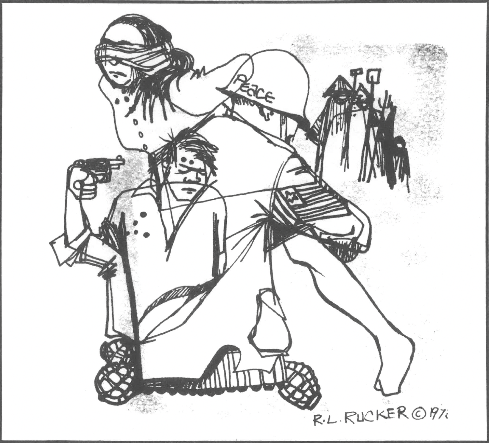An ink drawing of a blindfolded woman, a man on the ground, and a soldier