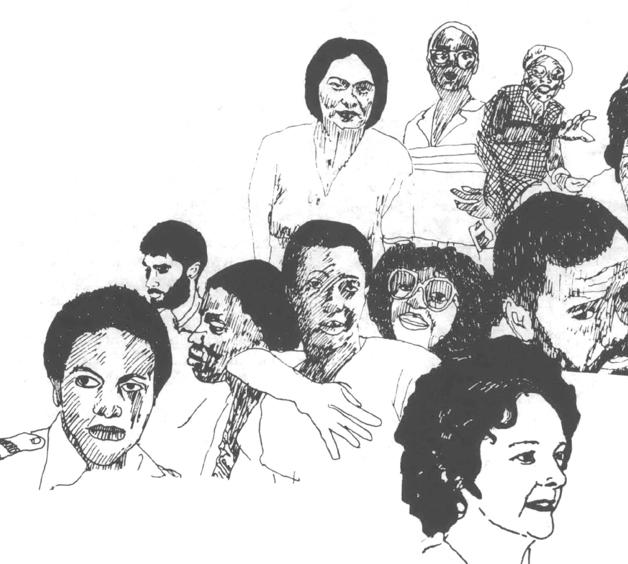Black and white drawing of several peoples' faces