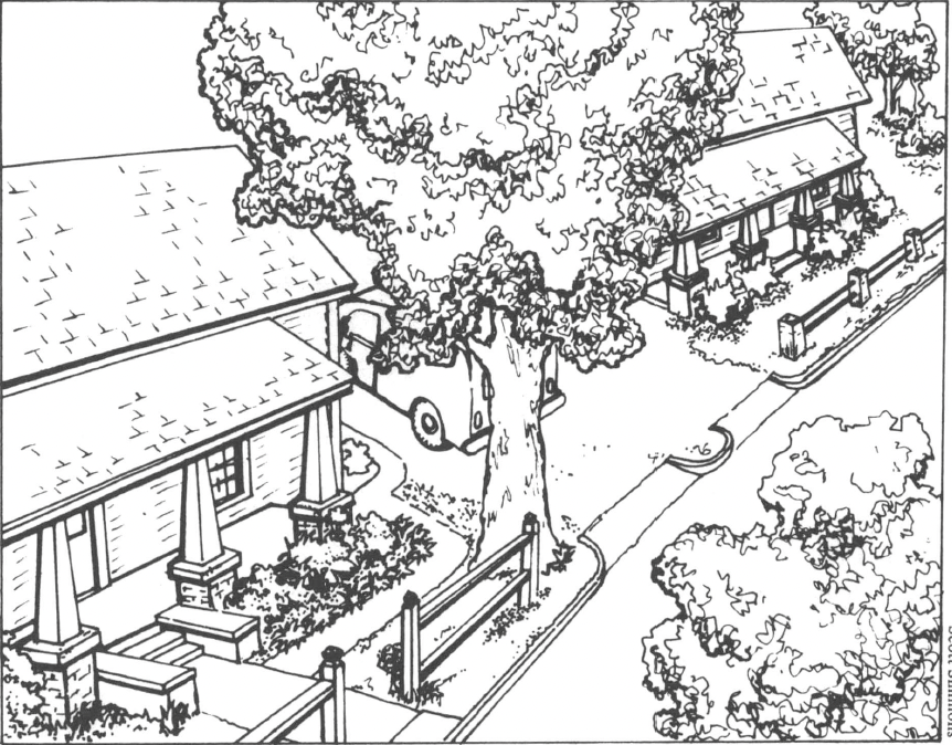 Black and white drawing of street with homes and trees lining street