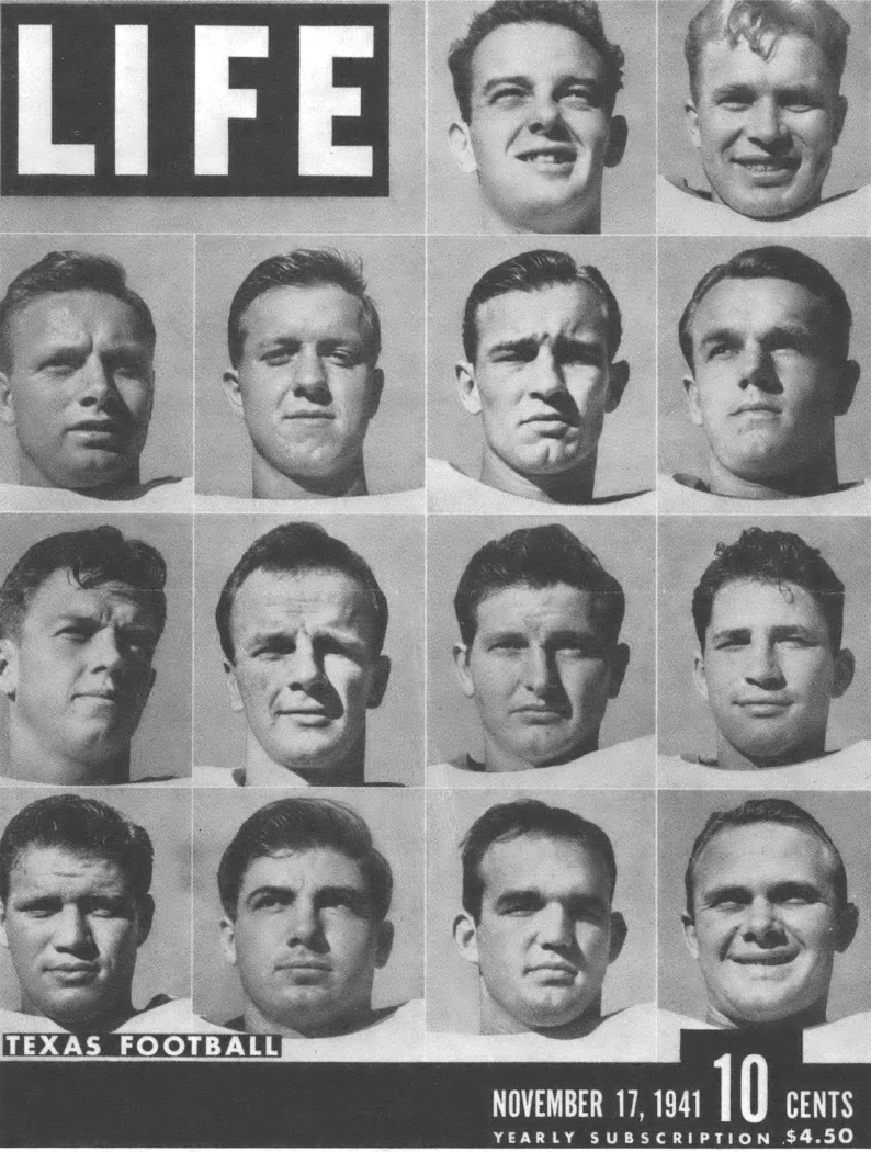Black and white image of Life magazine cover that is a collage of several portraits of young men