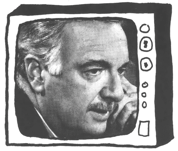 Photo of Walter Cronkite's face on a rough drawing of a TV