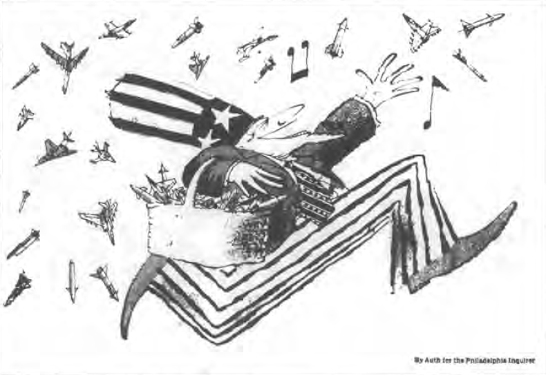 Uncle Sam happily cheerfully tossing mini missiles and fighter jets from a basket into the air