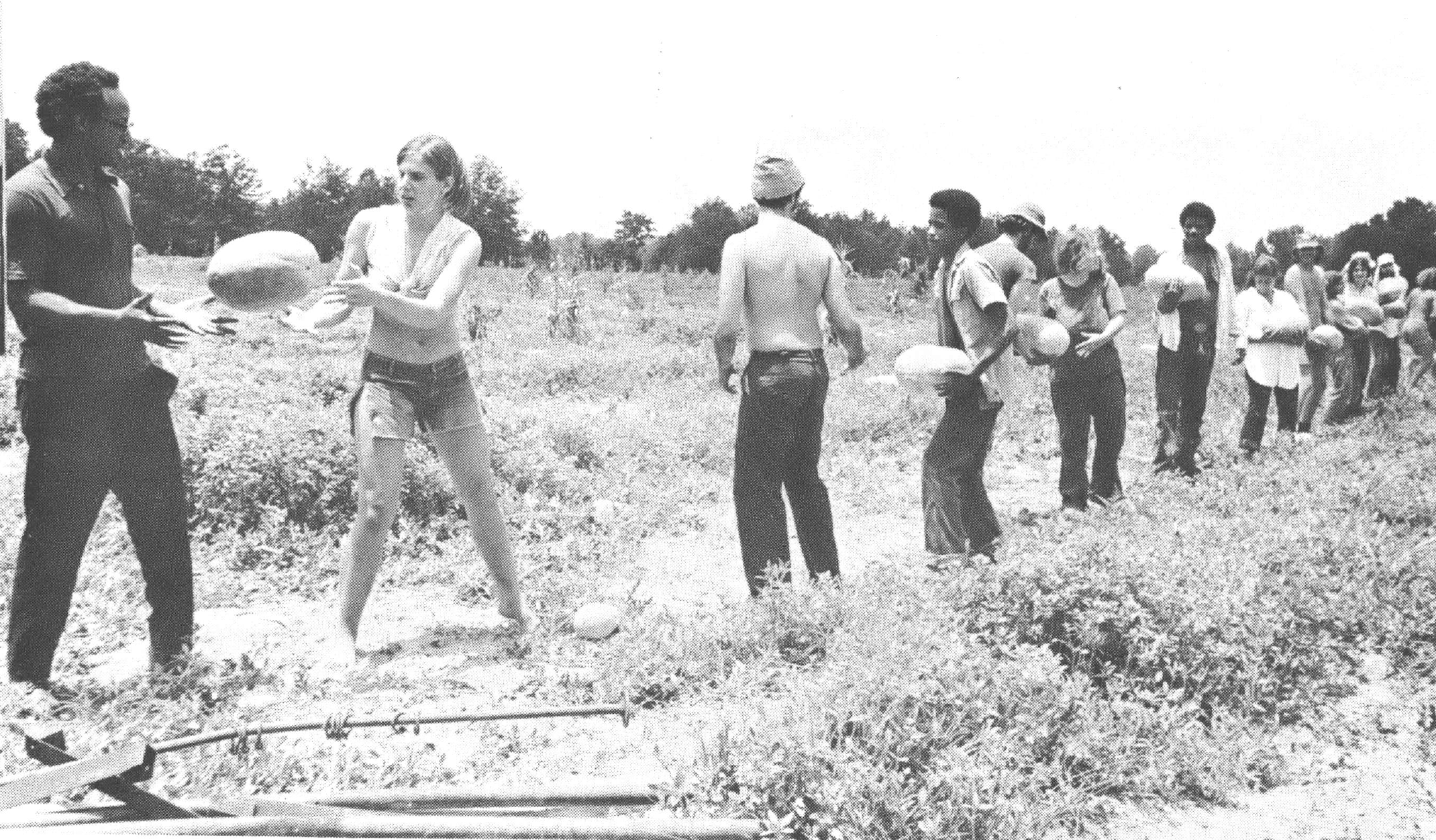 Black and white photograph of a line of young people, black and white, standing in a field passing watermelons in assembly-line fashion. 