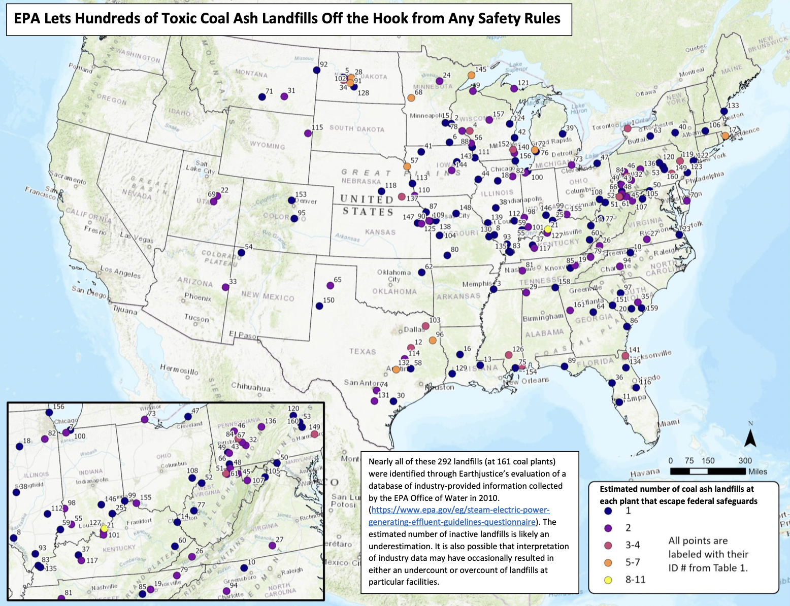 Earthjustice map showing locations of 292 unregulated coal ash landfills across the U.S.