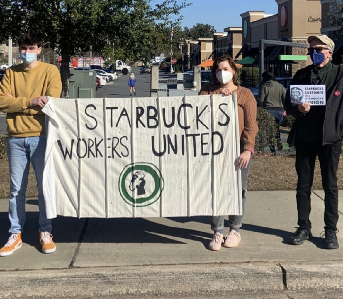 Starbucks workers at a protest in Tallahassee, Florida Starbucks workers at a protest in Tallahassee, Florida