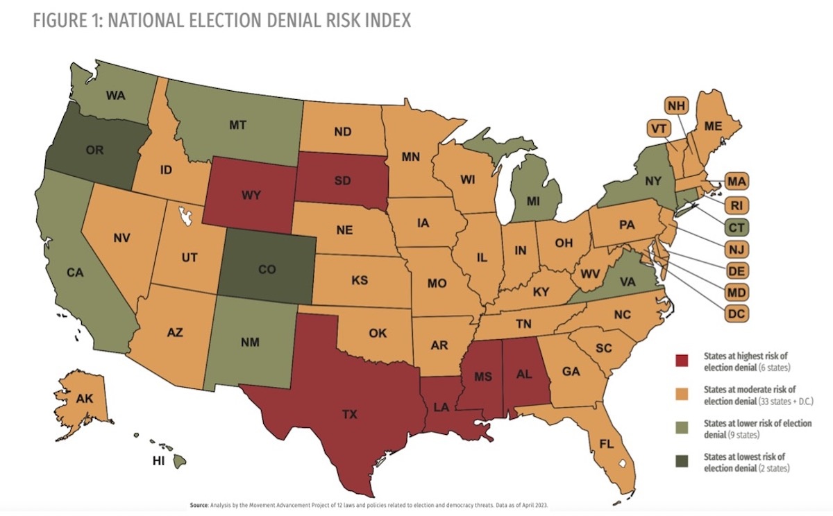 Movement Advancement Project map of states' risk of election denial