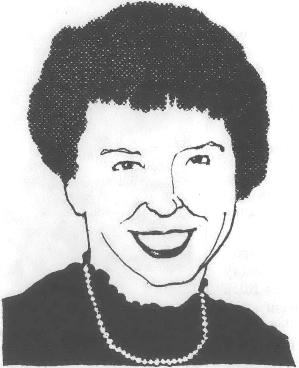 A black and white illustration of a smiling Mary Ann Watson