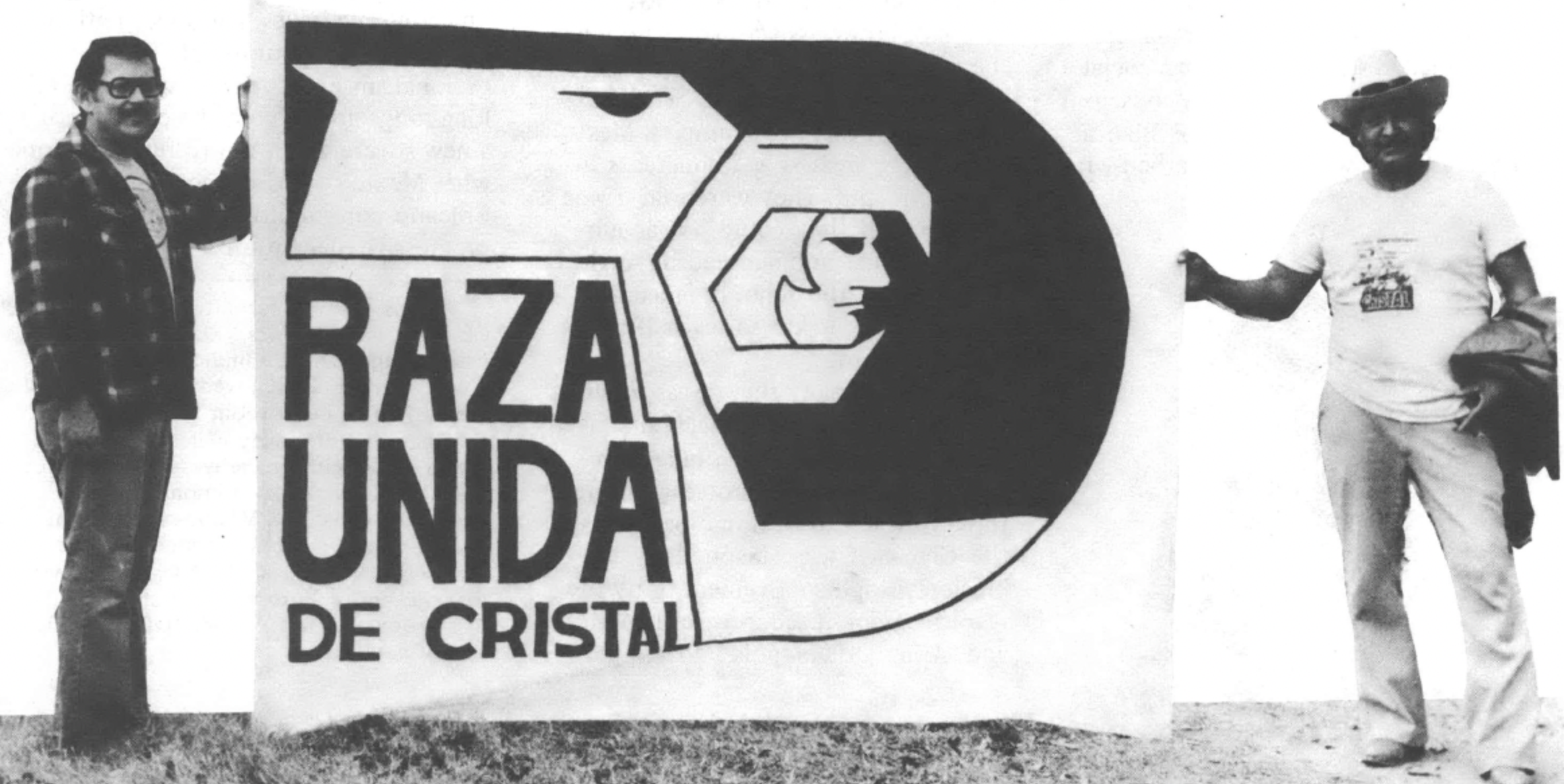 Two men holding a banner reading "Raza Unida de Cristal"