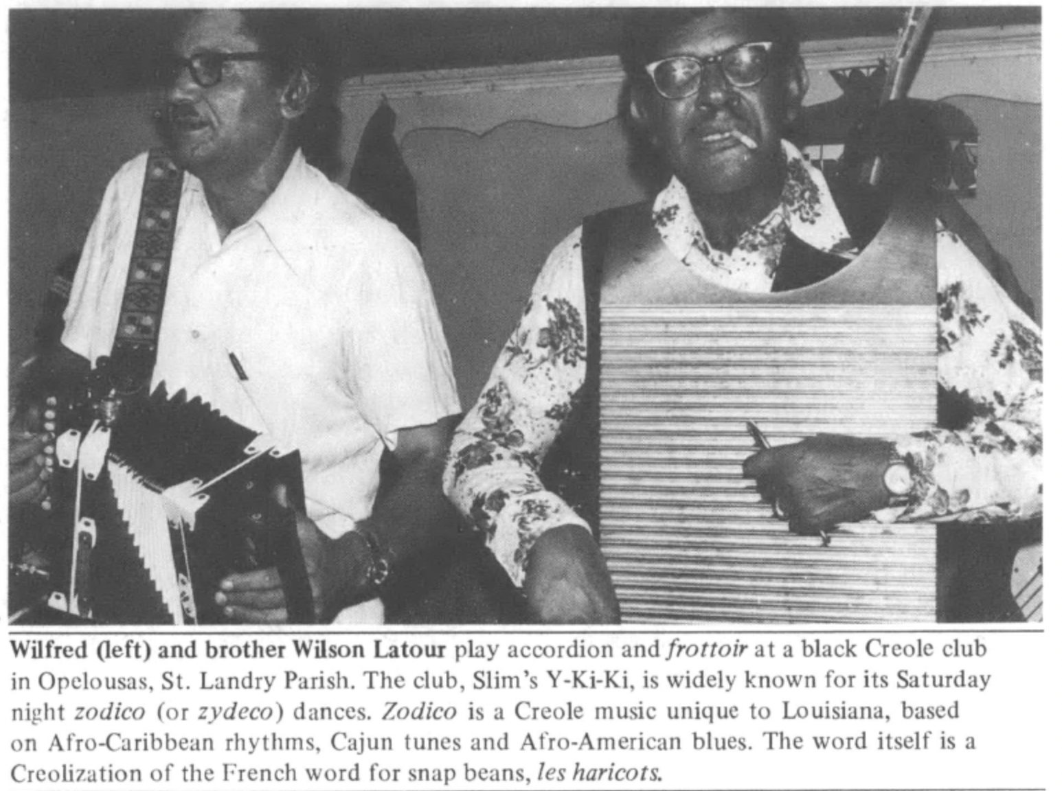 black and white photograph of two Black Creole men playing instruments