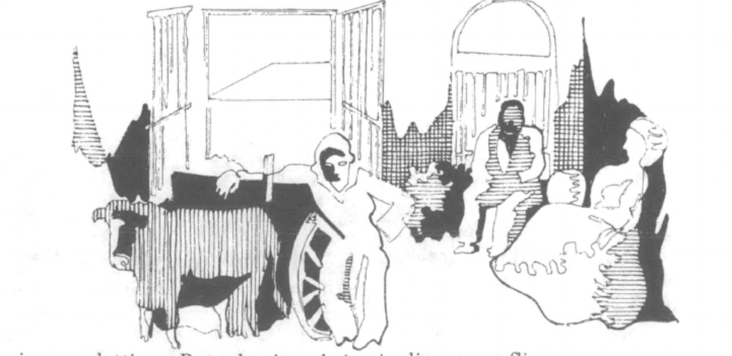 illustration of people and cattle