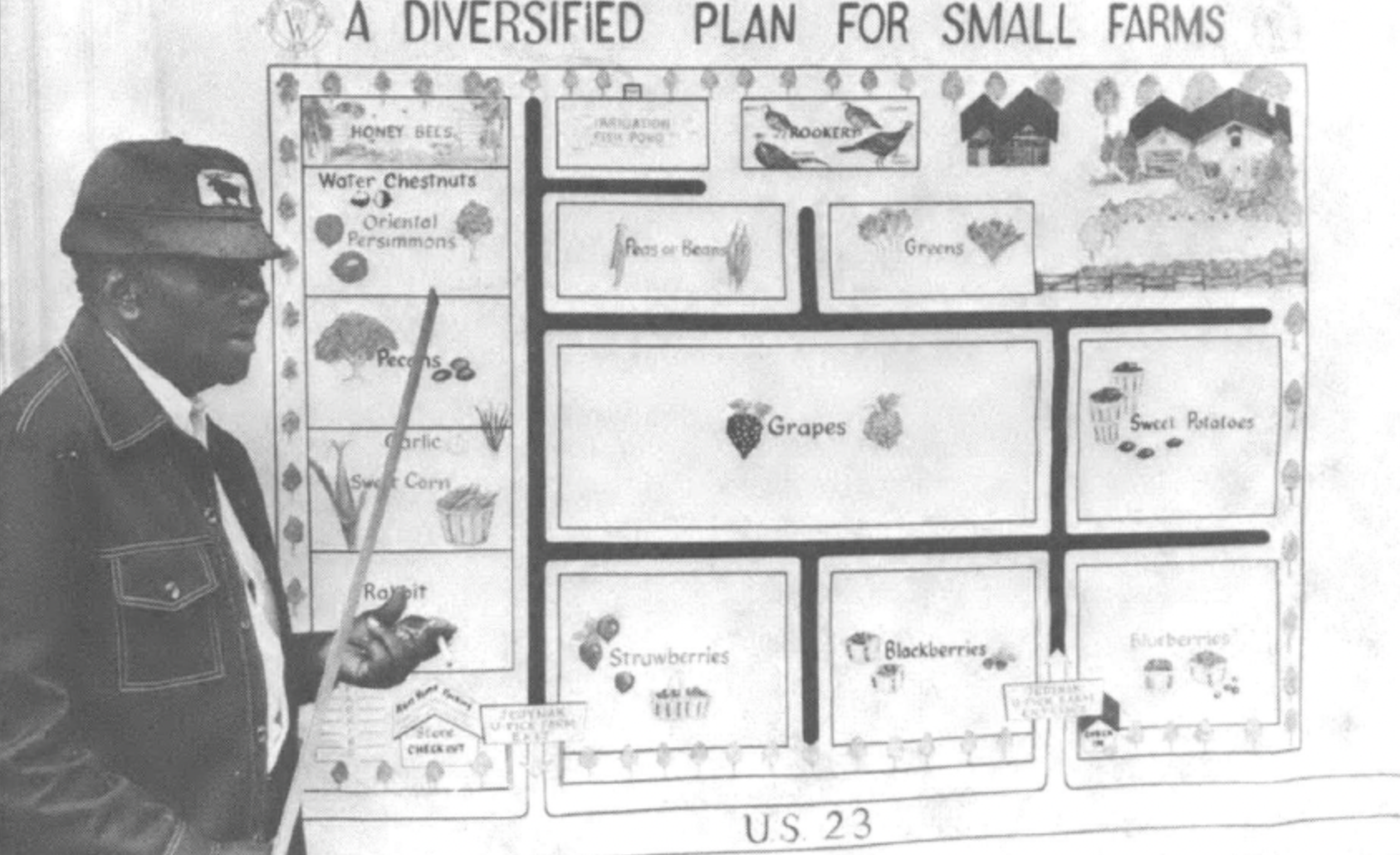 a man teaching from a board titled "a diversified plan for small farms"