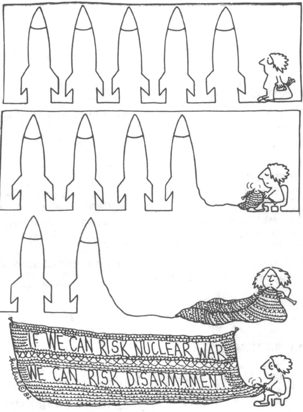 a cartoon of someone using missile-shaped yarn to knit a banner about disarmament