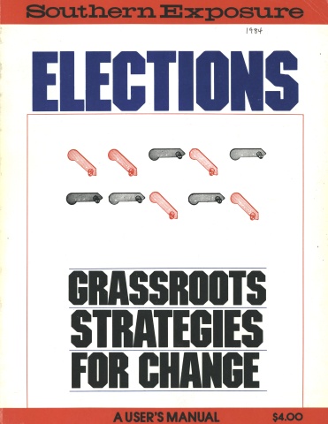 Magazine cover with "Elections" in blue text against white background, and "grassroots strategies for change" in black text