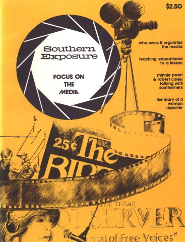 Magazine cover - yellow background with "Southern Exposure: Focus on the Media" in a camera lens. 