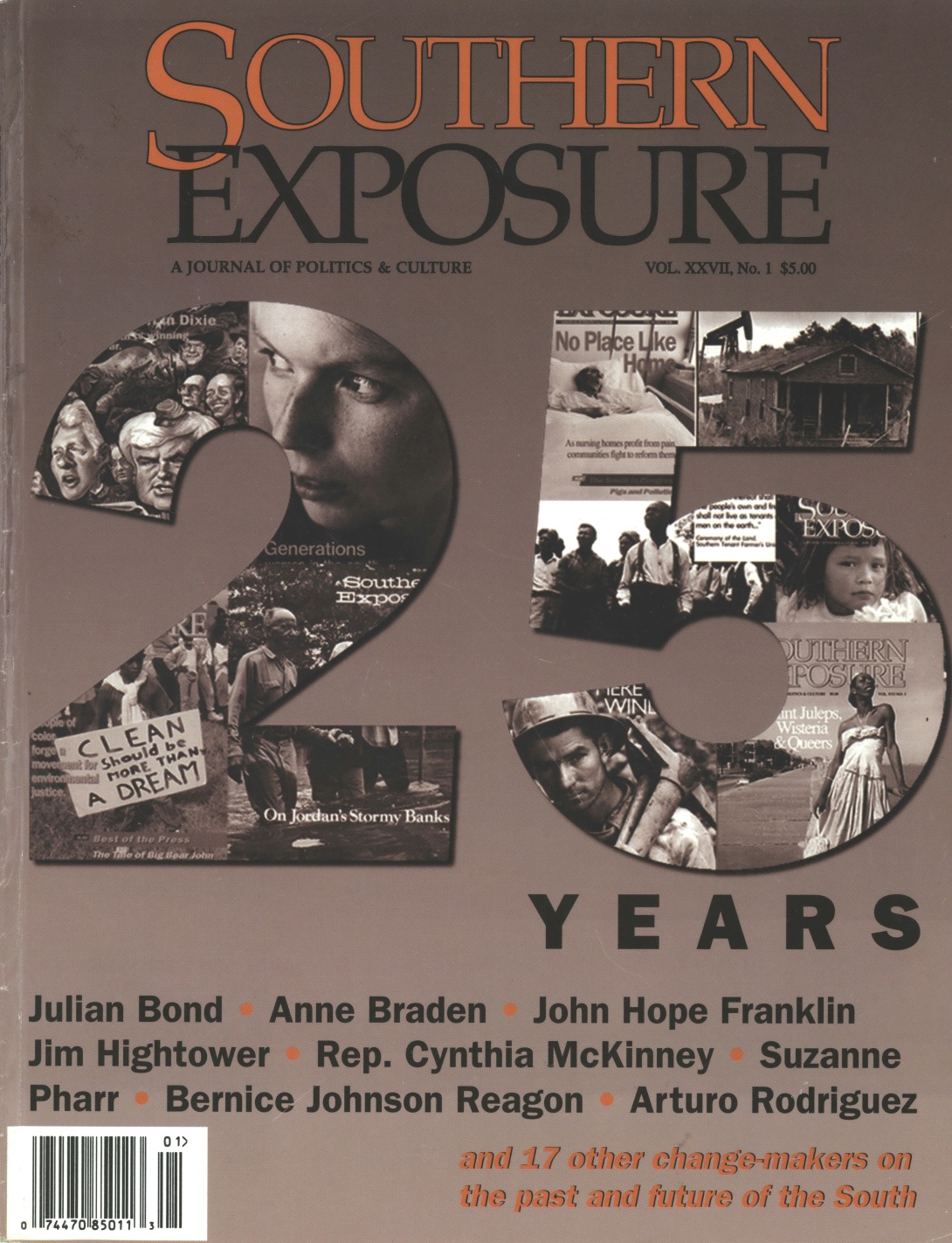 Magazine cover with large number 25 inset with photos on the front cover, against brown background. Text reads "25 Years"