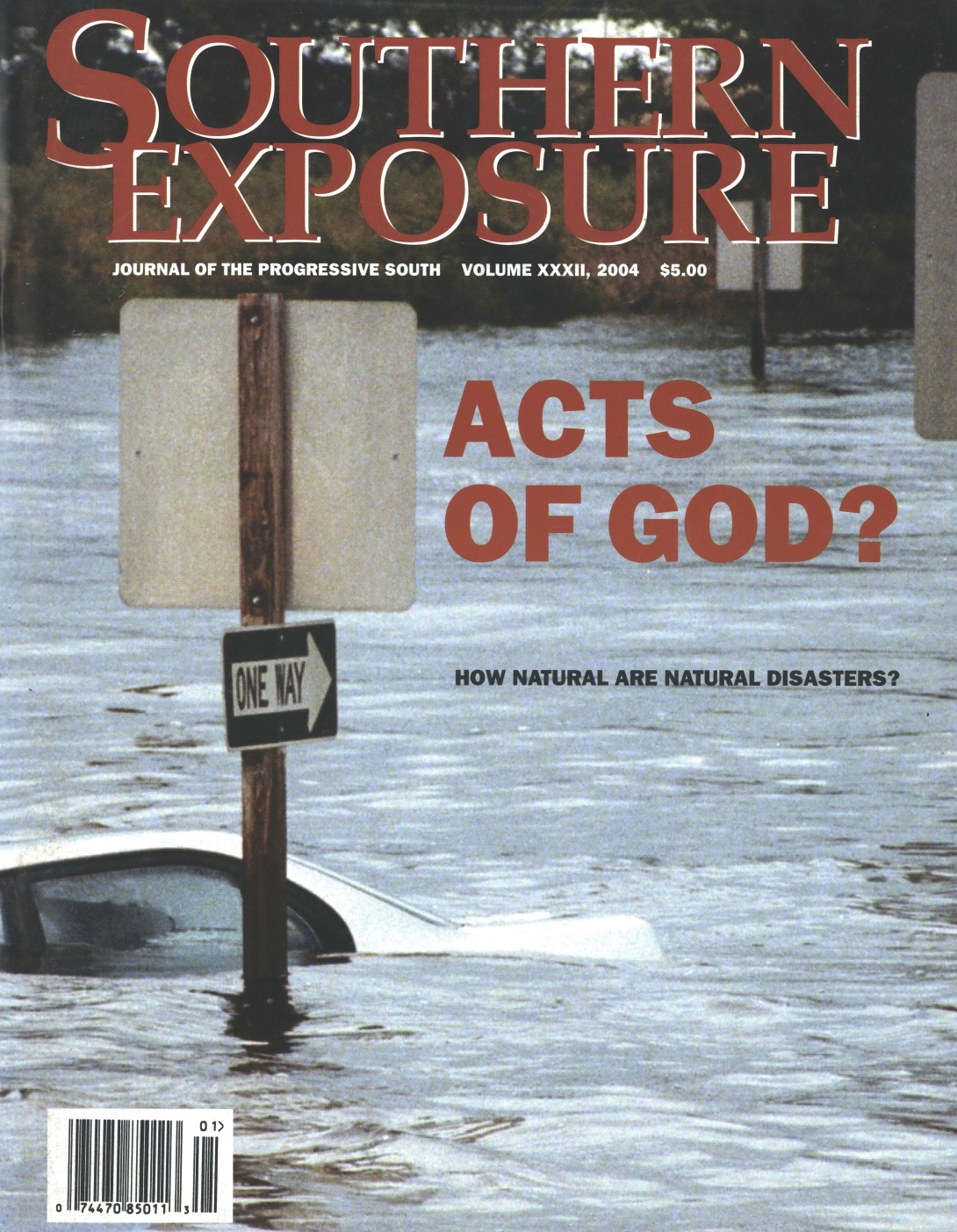 Magazine cover with photo of car under floodwaters; text reads "Acts of God? How Natural are Natural Disasters?"