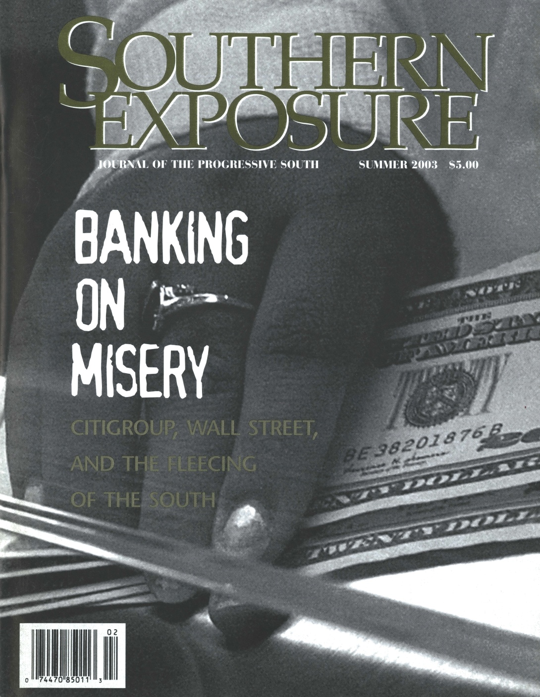 Magazine cover with photo of hand holding cash, text reads "Banking on Misery: Citigroup, Wall Street, and the Fleecing of the South"
