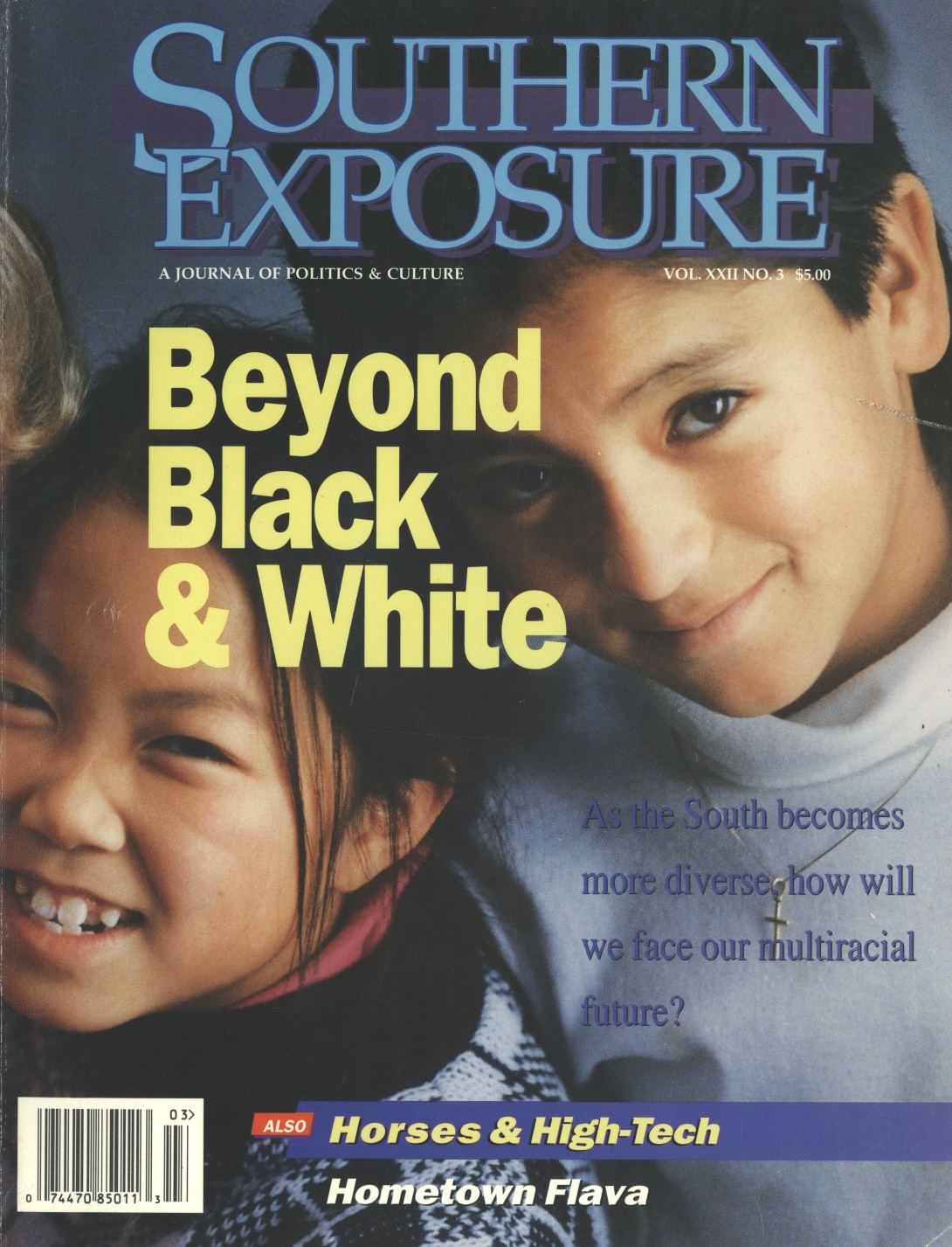 Magazine cover with photo of children reading "Beyond Black & White: As the South becomes more diverse, how will we face our multiracial future?"