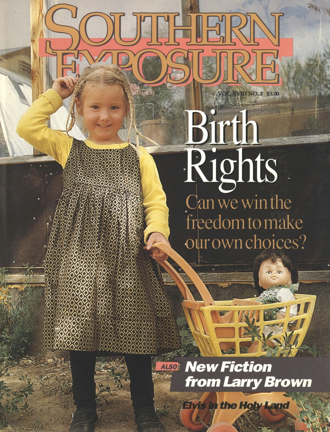 Magazine cover with photo of young girl pulling small shopping cart with baby, text reads "Birth Rights"