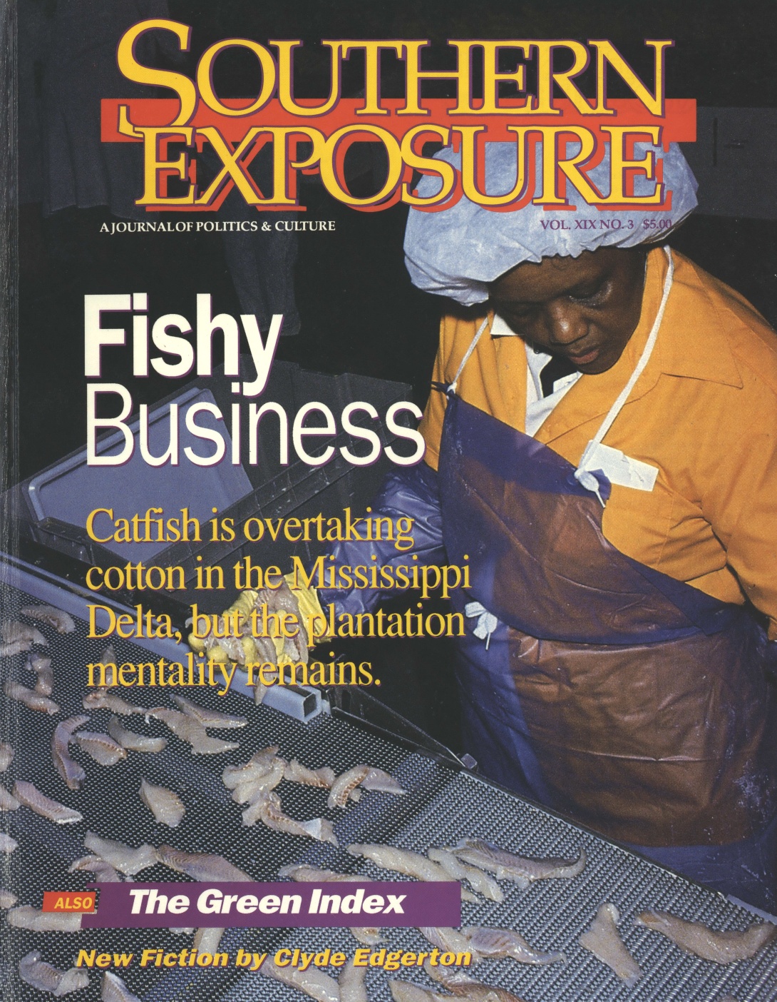 Magazine cover with worker in hair net and gloves that reads "Fishy Business"