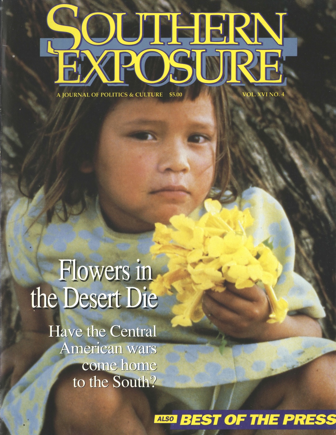 Magazine cover with small child holding yellow flowers, reading "Flowers in the Desert Die"