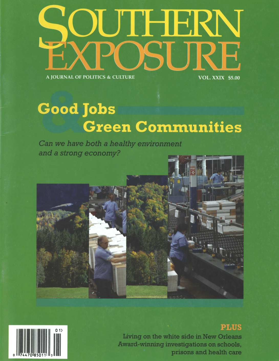 Magazine cover, photos of assembly lines and trees against green background. Text reads "Good Jobs & Green Communities: Can we have both a healthy environment and a strong economy?"