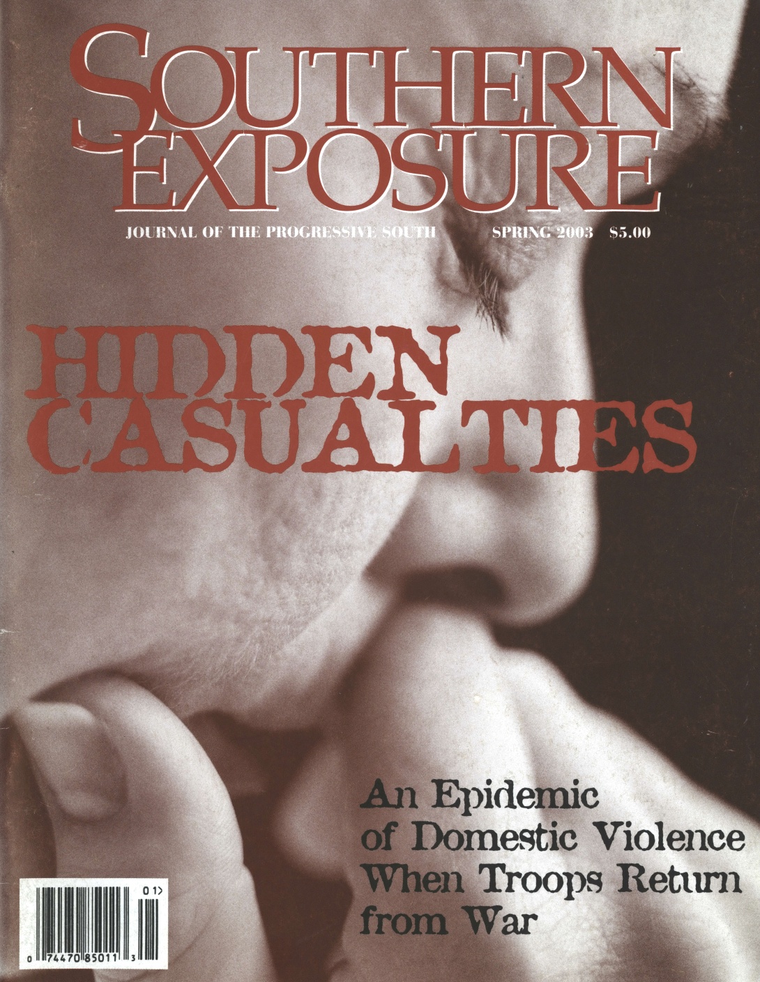Magazine cover with closeup profile shot of woman with face in hands. Text reads "Hidden Casualties: An Epidemic of Domestic Violence When Troops Return from War"