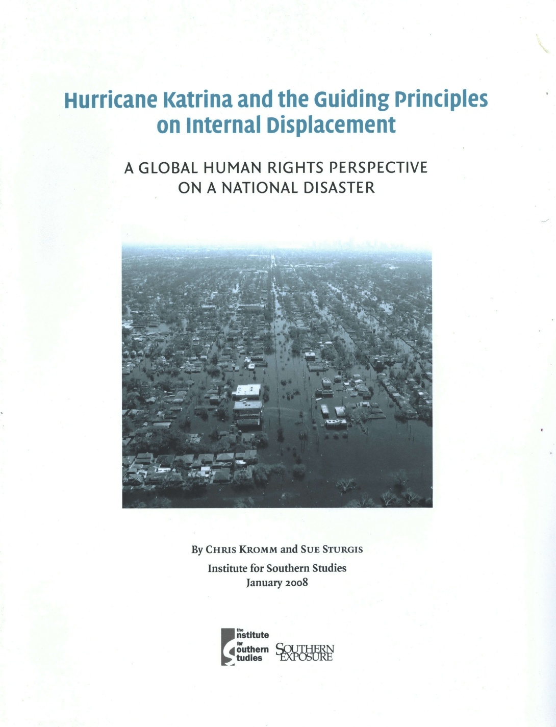 Report cover with aerial photo of flooded area, text reads "Hurricane Katrina and the Guiding Principles on Internal Displacement: A Global Human Rights Perspective on a National Disaster"