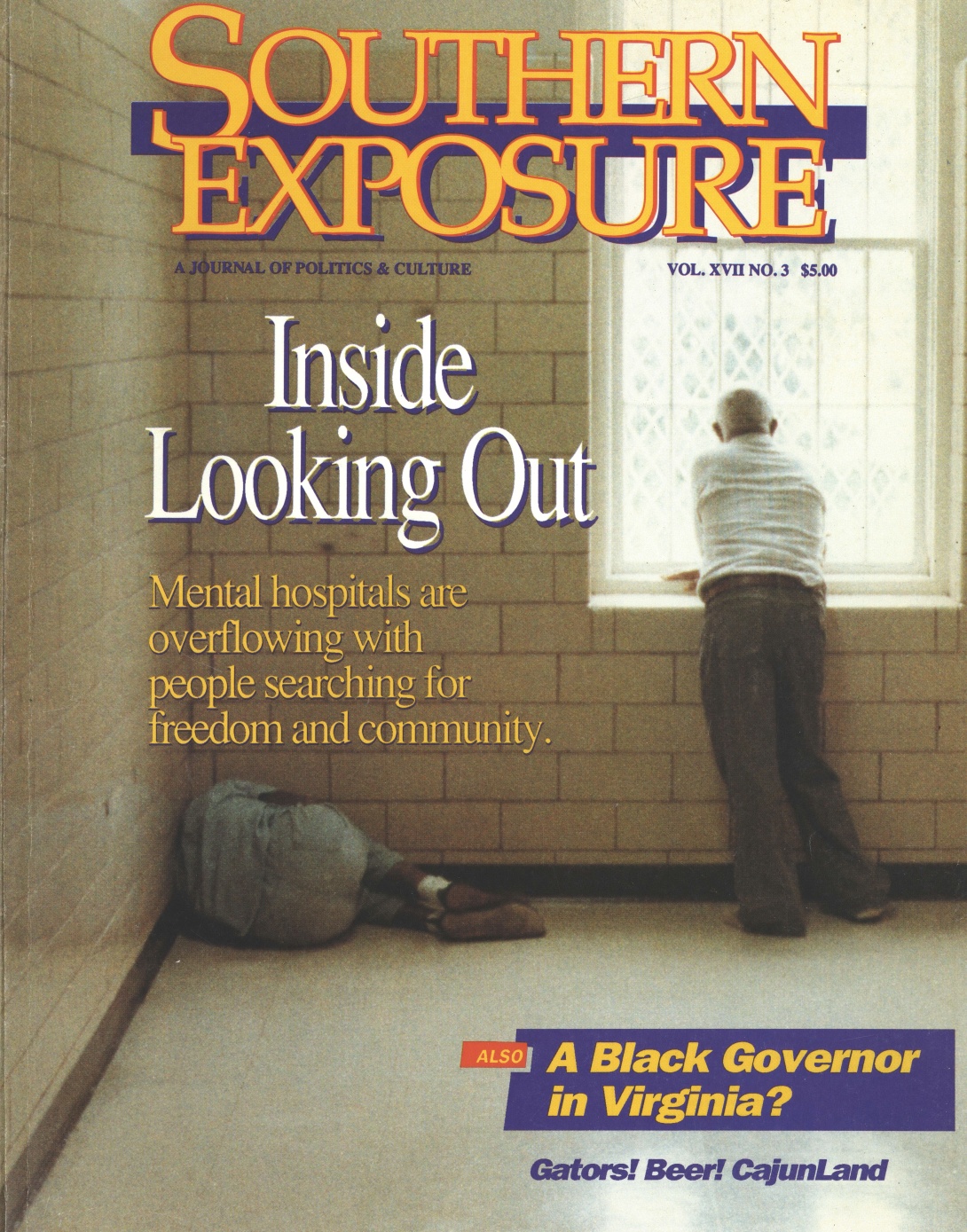 Magazine cover with man in cement room looking out window, while another man is huddled in the corner.