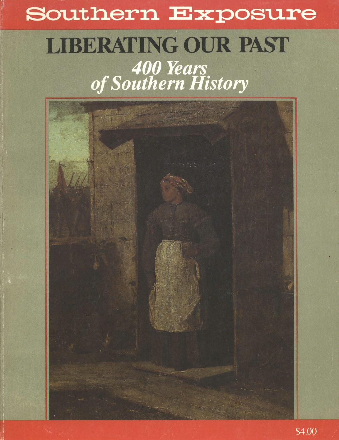Magazine cover with painting of young Black girl in turban and apron standing in a doorway