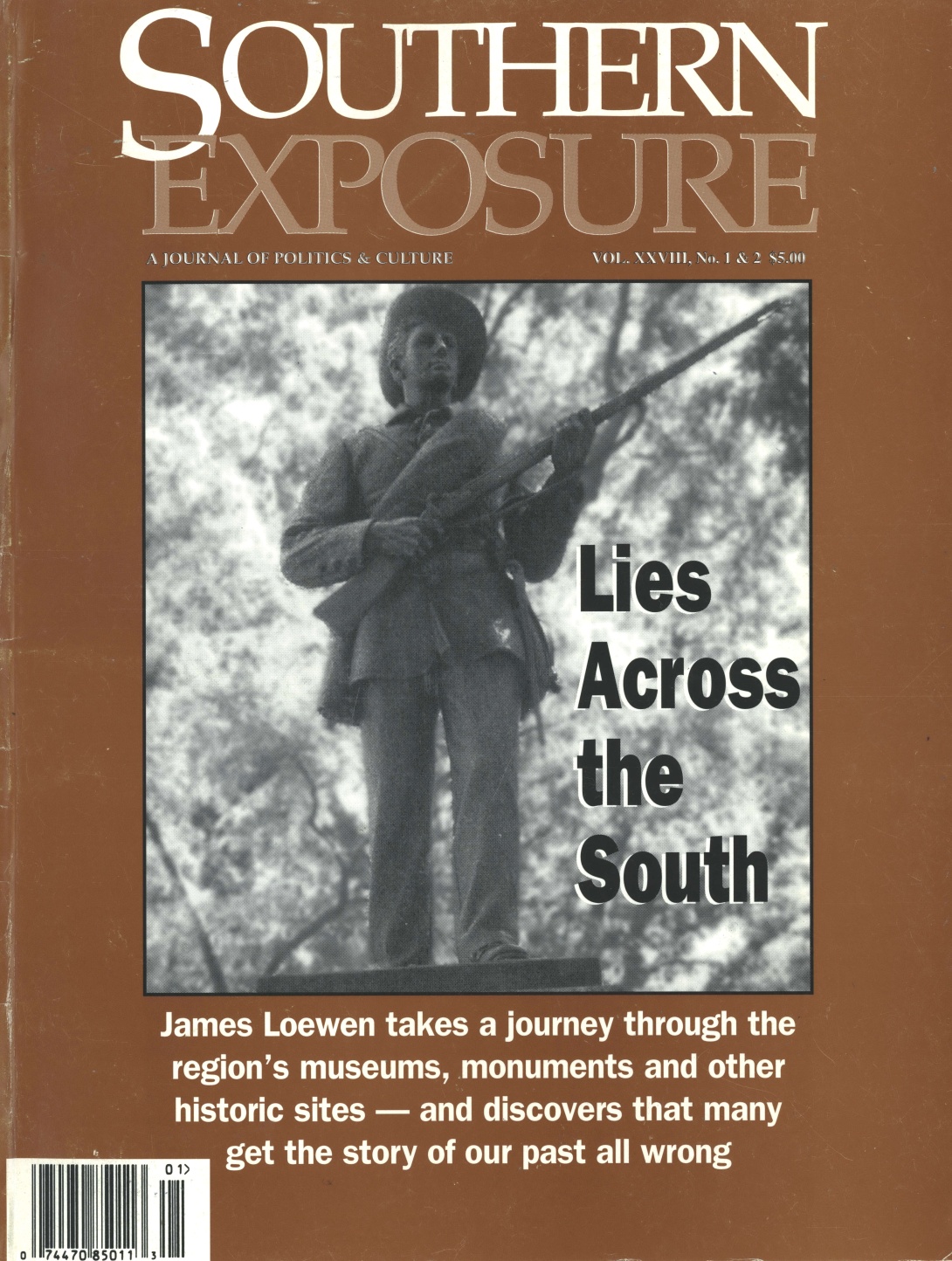 Magazine cover with photo of Confederate statue on brown background. Text reads "Lies Across the South"